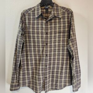 Mens Marmot Brown Cream Plaid Hiking Outdoor Button Down Shirt Size Medium